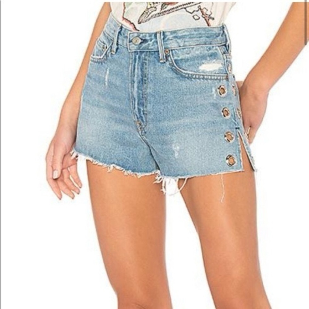 GRLFRND Light Blue Distressed High-Rise Denim Shorts